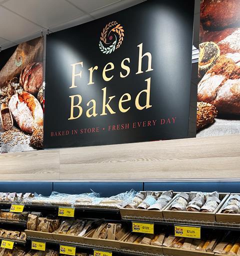 Signage advertising goods freshly baked in store every day at Home Bargains
