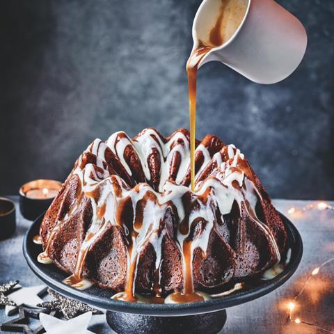 M&S' sticky toffee crown with sauce being poured on top