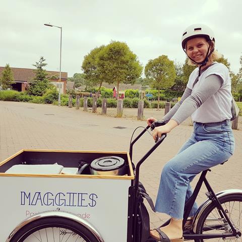 Maggie Christensen on her cargo bike delivering Danish pastries