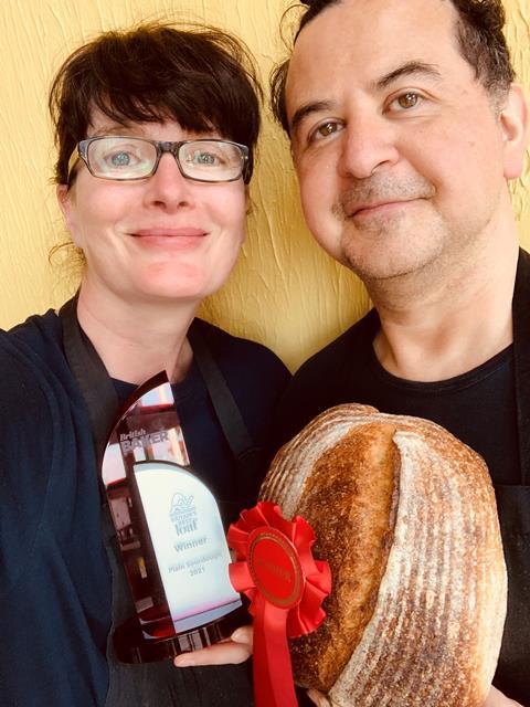 Catriona and Justin with their Britain's Best Loaf trophy and winning sourdough