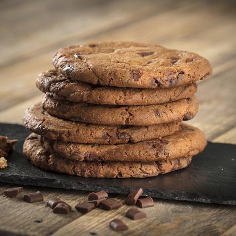 A stack of golden brown chocolate chip cookies