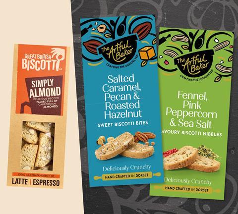 Before and after of The Artful Baker's branding on biscotti packaging