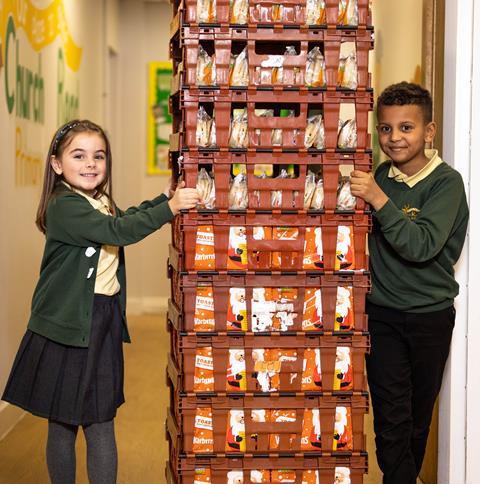 Pupils at Church Road Primary School with the donated crumpets and Toastie loaves