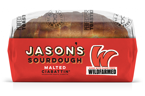 Jason's Sourdough malted ciabattin loaf in bright red packaging