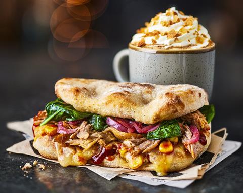 M&S Cafe Pulled Pork Flatbread and Almond Croissant Latte