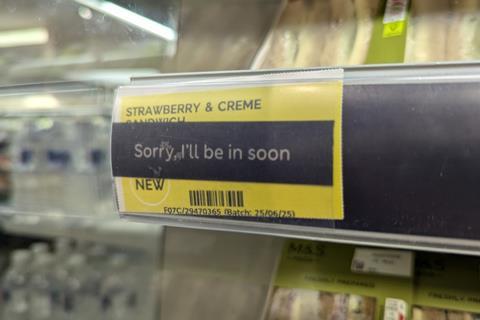 'Sorry, I'll be in soon' label on the Strawberry & Creme Sandwich shelf ticket
