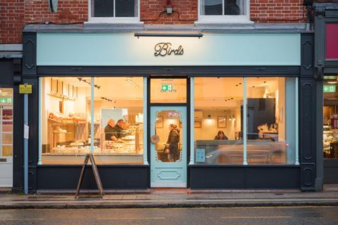 Outside a Birds bakery in the evening