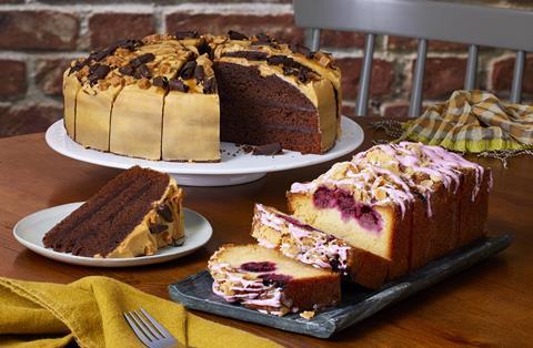 A Chocolate Salted Caramel Cake and an Apple & Blackberry Loaf Cake, sliced, on a table