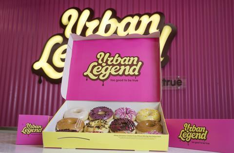Urban Legend doughnuts in a pink box`