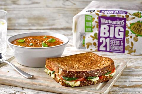 A toastie and bowl of tomato soup made with Warburtons big 21 seeds & grains loaf