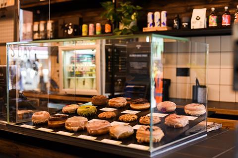 Doughnuts in a glass cabinet