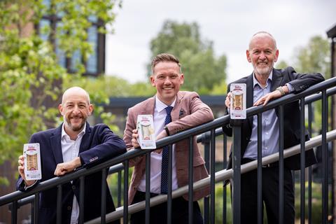 The Soho Sandwich Company managing director Daniel Silverston, Around Noon Foods CEO Gareth Chambers, and Around Noon Chairman Howard Farquhar, announce the deal in London.  2100x1400
