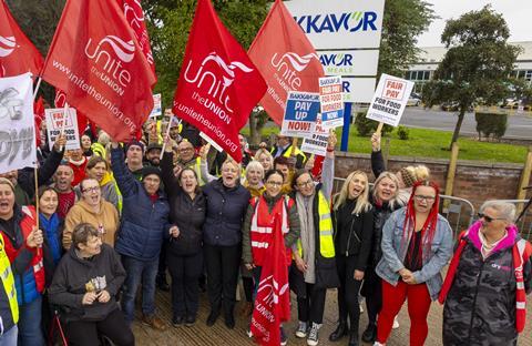 Workers on strike holding signs outside Bakkavor Spalding strike action