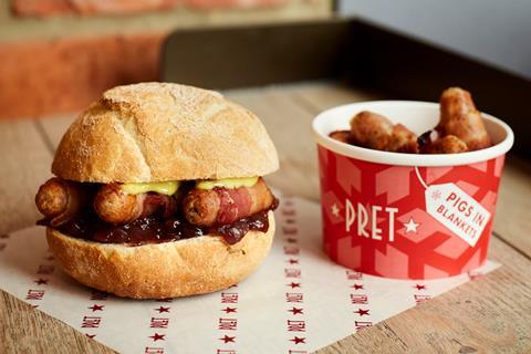 Pret's Christmas pigs in blankets hot roll and tub