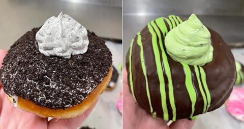 Two chocolate doughnuts, one topped with cookies & cream frosting and another with mint choc chip frosting