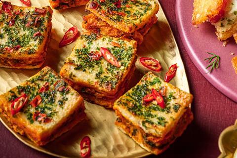 Bombay potato toasties with herbs and chilli slices on top