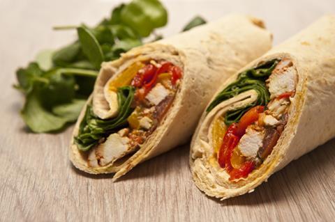 Close up of chicken & pepper wraps