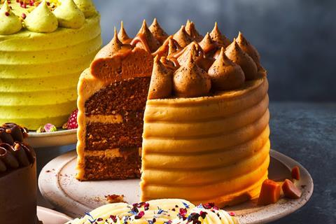 Four M&S cakes, which have been inspired by artisan bakeries, in pistachio, lemon, chocolate, and caramel flavours