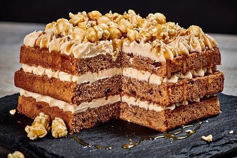A ginger and caramel cake loaded with caramel popcorn and buttercream