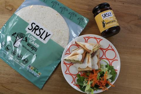 Seriously Low Carb wraps in packaging with a cheese and pickle toastie