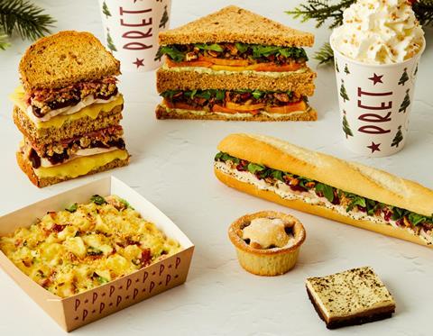 Pret's Christmas Lunch Sandwich, Nut Roast Granary, Ham Hock & Festive Sprouts Macaroni Cheese, Brie & Cranberry Baguette, Mince Pie, and Coffee Caramel Slice