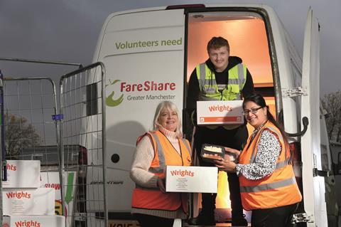 Wrights' Reshima Bungar (right) pictured with volunteer Lewis Gettings and FareShare Greater Manchester's Ruth Downes