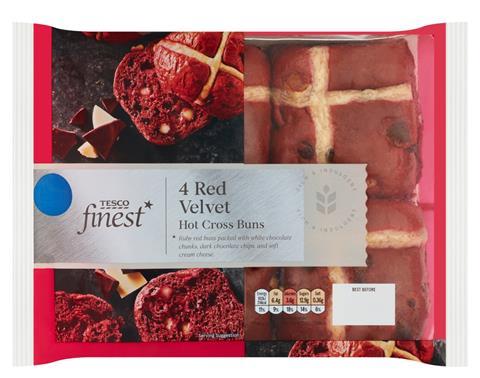 Red Velvet Hot Cross Buns in packaging