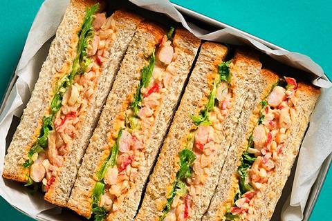 Close-up of a food-to-go prawn sandwich with lettuce