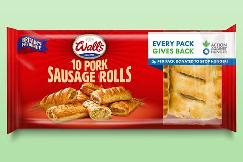 Wall's -  10-pack of pork sausage rolls with Action Against Hunger pledge on packaging  2100x1400