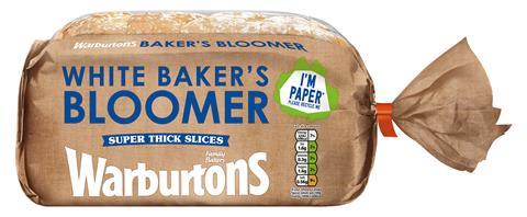 A Warburtons White Baker's bloomer in recyclable packaging