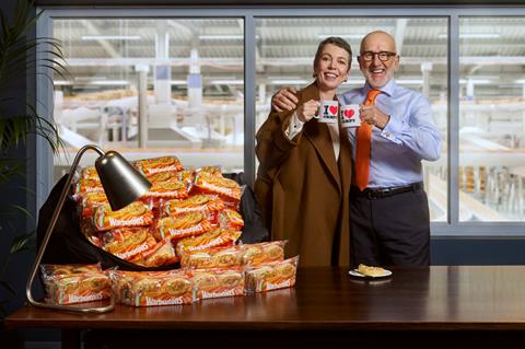 Olivia Colman in Warburtons crumpet advert with Jonathan Warburton 2