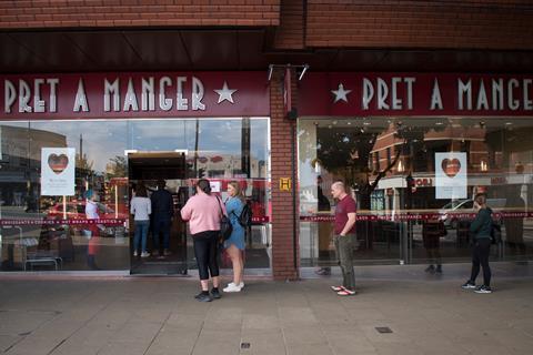 Pret A Manger customers social distancing outside shop