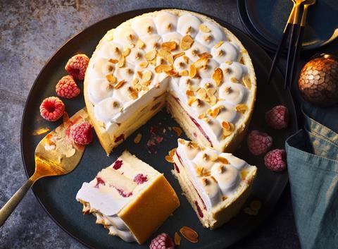 Frozen Trifle Caked Alaska - a cake with layers of custard and jam in between with torched meringue on top