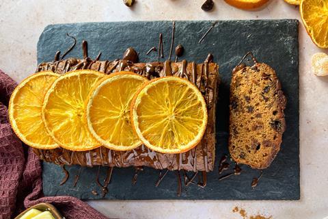 Dark Chocolate, Orange & Ginger Bara Brith with orange slices on top