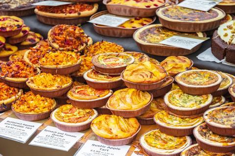 Quiches on display at a farm shop