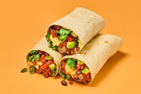 A trio of stacked protein wraps filled with avocado, salsa, and beans