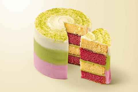 Finsbury's Little Big Cake with pink and vanilla layers of cake with green matcha frosting