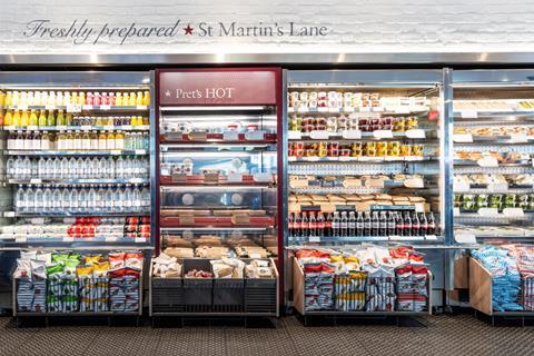 Food and drink offerings at a Pret shop in St Martin's Lane, London