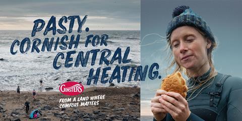 A woman in a woolly hat eating a Cornish pasty with the writing 'Pasty. Cornish for central heating'