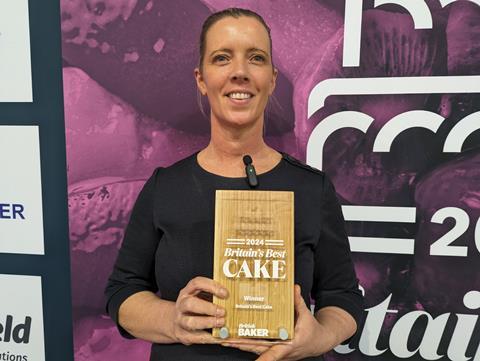 Two Magpies Bakery NPD development manager Michell Ward holds the trophy for Britain's Best Cake 2024   2100x1581