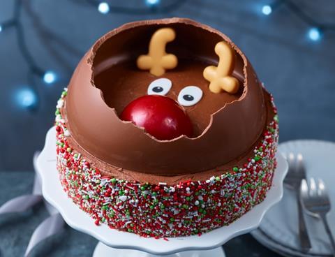 A chocolate reindeer cake with festive sprinkles