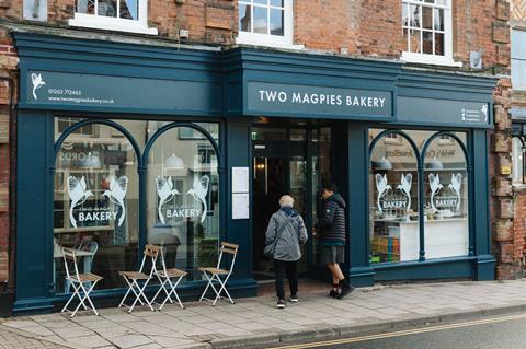 Outside Two Magpies Bakery in Holt