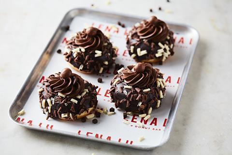 Four chocolate covered doughnuts in a branded Lena Lu tray