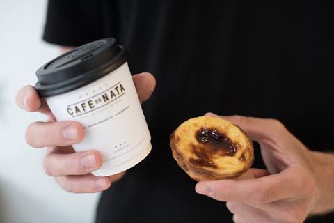 Cafe De Nata hot drink in takeaway cup and Portuguese custard tart