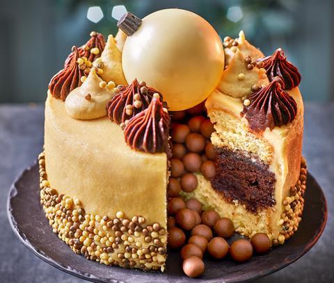 Tesco Finest Chocolate Orange and Maple Bauble Cake has a hidden centre of malt balls