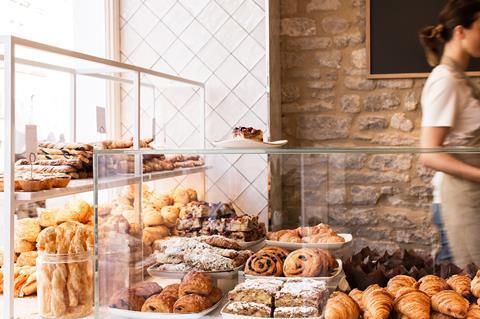 Baked goods in a glass cabinet at Cornish Bakery