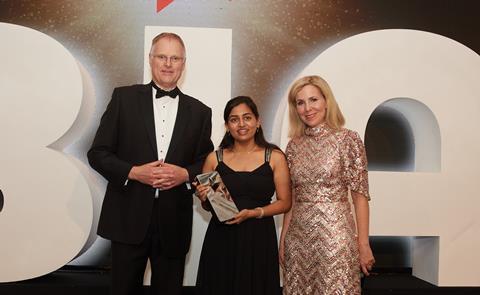 Simon Taylor, general manager of Rondo, presents the Rising Star Award 2022 to Nishitha Kannan from Cardiff Metropolitan University with Sally Phillips