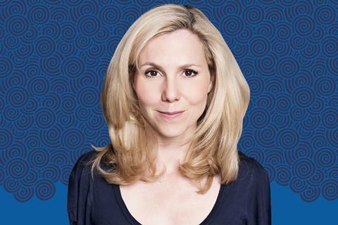 Sally Phillips on a blue swirly background