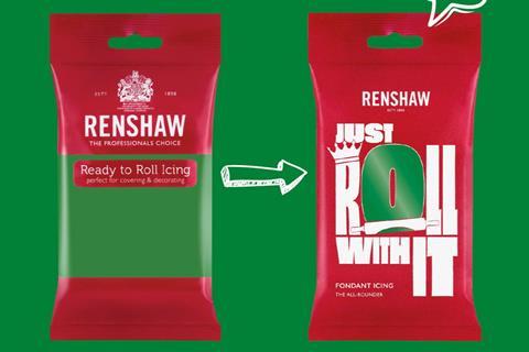 A before and after of Renshaw's ready to roll icing range following a rebrand