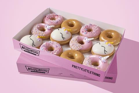 Krispy Kreme x Pretty Little Thing doughnuts in a pink box